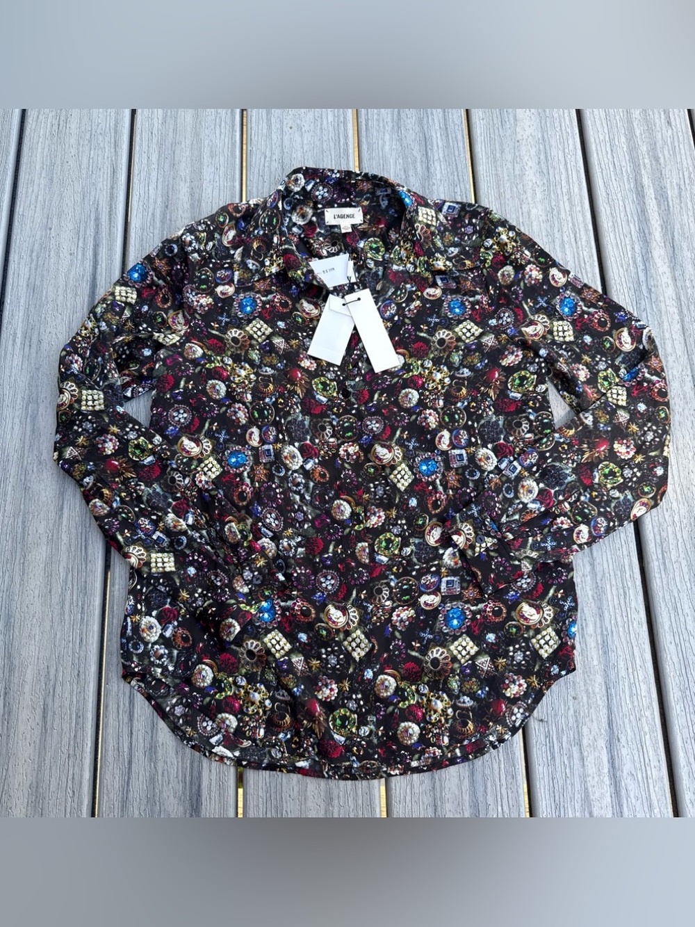 NWT L'AGENCE Black Gemstone Print Silk Shirt XS/TP